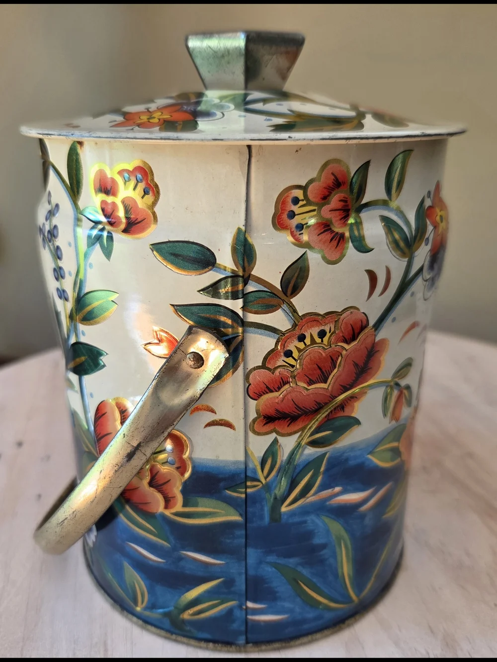 Vtg Murray Allen Confections Tin Canister w Lid Handle Water Flower England